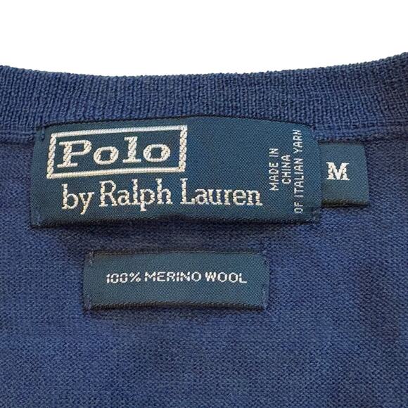 Vtg Polo Ralph Lauren Sweater Mens Med Blue V Neck Merino Wool Long Sleeve *FLAW - Picture 4 of 10